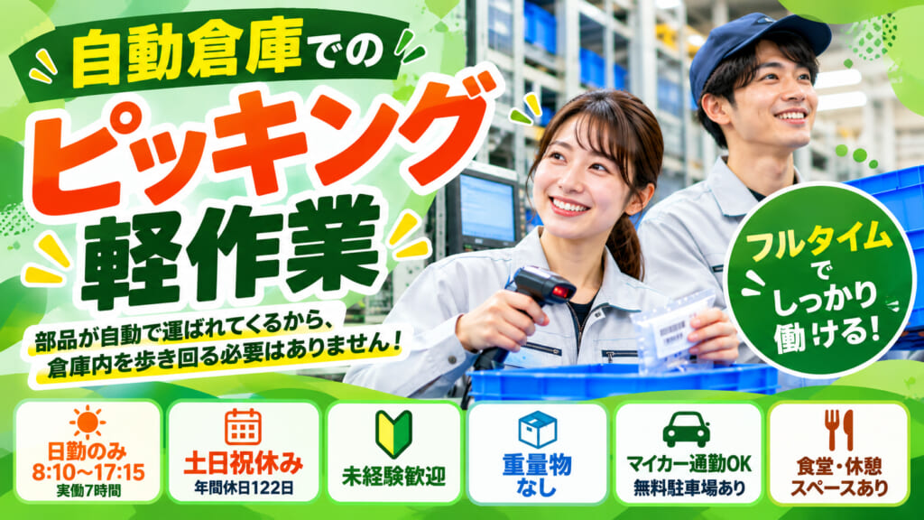 自動倉庫での軽作業！歩き回らないピッキング・重量物なし・土日祝休み
